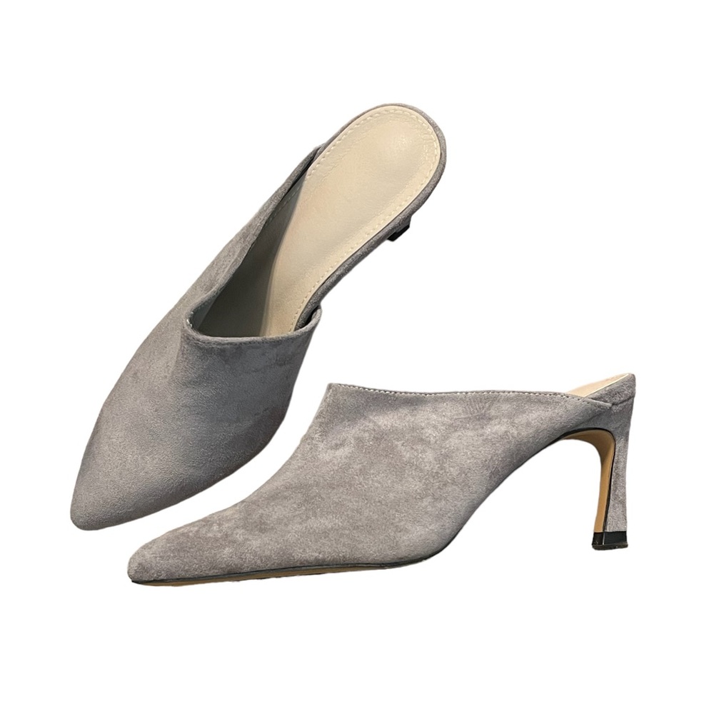 Women's Pointed Closed Toe Heeled Slip On Gray Mules